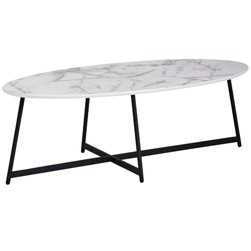 FineBuy Design Couchtisch Oval 120x60 cm mit Marmor Optik Weiß, Wohnzimmertisch mit Metall-Beine Schwarz, Großer Beistelltisch