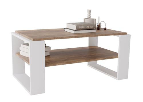 CraftPAK Wohnzimmer Tisch für Couch aus hochwertigem Holz, Stabiler & moderner Couchtisch mit zusätzlicher Ablagefläche, Model Kaja 96, Farbe Retro-Weiß