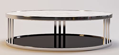 Casa Padrino Luxus Couchtisch Silber/Weiß/Schwarz Ø 115 x H. 33 cm - Runder Wohnzimmertisch mit Marmorplatte und getönter Glasplatte - Luxus Möbel