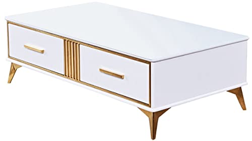 Casa Padrino Luxus Couchtisch Weiß/Gold 130 x 70 x H. 41 cm - Moderner Wohnzimmertisch mit 2 Schubladen - Moderne Wohnzimmer Möbel