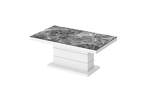 Design Couchtisch Matera Lux H-333 Marmor dunkel - Weiß Hochglanz Marmoroptik höhenverstellbar ausziehbar Tisch Esstisch