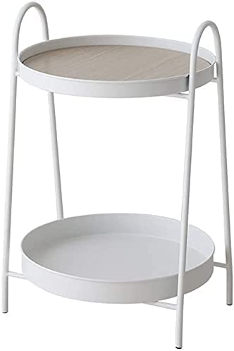 YOYOSHU Beistelltisch 2-Schicht Runder Metallrahmen Couchtisch Kleiner Tisch mit Griff Sofatisch Zuhause und Büro(Color:White)