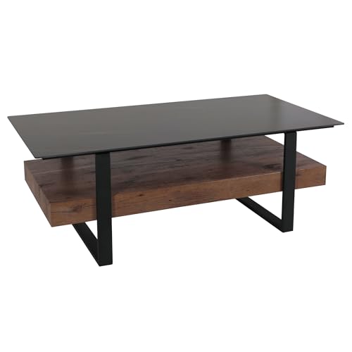 Mendler Couchtisch HWC-L88, Wohnzimmertisch Tisch, Ablage Eisen 43x120x60cm Sinterstein Marmor-Optik schwarz Holz Dunkelbraun