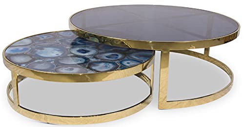 Casa Padrino Luxus Couchtisch Set Blau/Gold - 2 Runde Wohnzimmertische mit Achat Edelstein und Glasplatte - Luxus Qualität - Luxus Wohnzimmer Möbel
