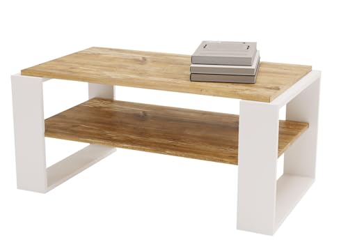 CraftPAK Wohnzimmer Tisch für Couch aus hochwertigem Holz, Stabiler & moderner Couchtisch mit zusätzlicher Ablagefläche, Model Kaja 96, Farbe Weiß