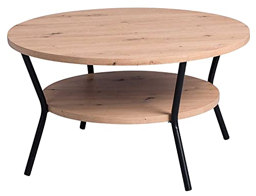 Möbel Jack Couchtisch mit Zwischenablage - Ø 80 cm - Artisan Eiche - Schwarz - Metallgestell - Sofatisch Wohnzimmertisch