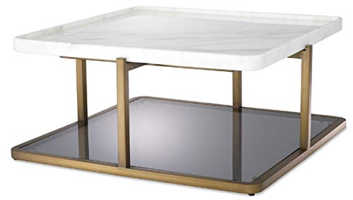 Casa Padrino Luxus Couchtisch Messingfarben/Weiß/Grau 58 x 58 x H. 27,5 cm - Moderner Edelstahl Wohnzimmertisch mit Marmorplatte und getönter Glasplatte - Luxus Möbel