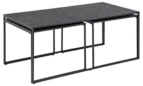 AC Design Furniture Ingelise rechteckiger Couchtisch 3er-Set, schwarze Tischplatte im Marmor-Look mit schwarzen Metallbeinen, Couchtisch im Industriedesign, Möbel für kleine Räume
