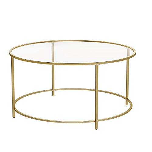 VASAGLE Couchtisch, Beistelltisch rund, Glastisch mit Metallgestell, Hartglas, Nachttisch, Sofatisch, für Balkon, golden LGT21G