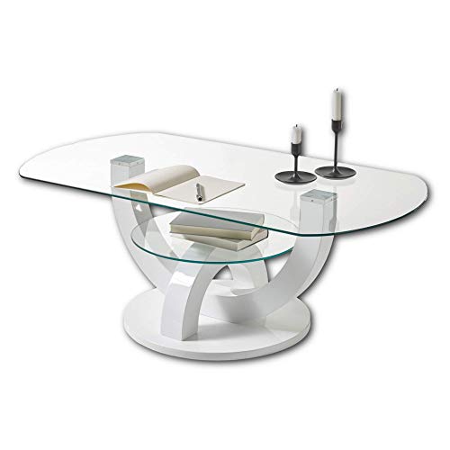 Stella Trading Couchtisch Glas in Hochglanz weiß - stylisher Glastisch mit Ablage & geschwungenem Gestell in U-Form für Ihren Wohnbereich - 110 x 40 x 60 cm (B/H/T)
