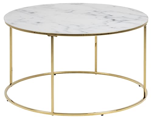 AC Design Furniture Boris runder Couchtisch, Glastischplatte in weißer Marmoroptik mit goldenem Metallgestell, eleganter Couchtisch in Marmoroptik, Wohnzimmermöbel in eleganter Optik