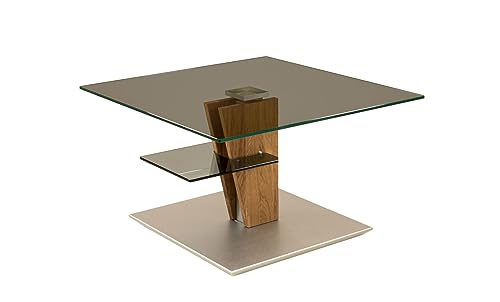 Vierhaus, 5630-WEIX-GPA, Glas/Massivholz/MDF, höhenverstellbar, rollbar, 70 x 70 x 47-65 cm, Parsolglas/Wildeiche geölt/Edelstahlfarbig