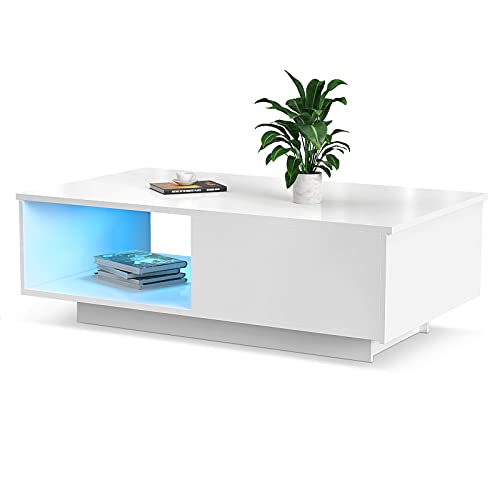 AYNEFY Couchtisch Weiß Hochglanz Moderner Wohnzimmertisch mit Schublade und LED Beleuchtung Sofatisch Kaffeetisch Rechteckiger Tisch für Wohnzimmer Schlafzimmer, 95 x 55 x 31cm
