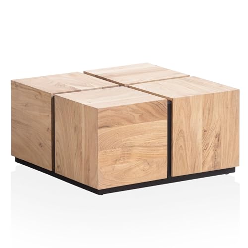 Wohnling Couchtisch MONOBLOC Akazie Massivholz 62x62x32,5 cm Quadratisch, Kleiner Sofatisch Würfel-Form, Wohnzimmertisch Couch Modern, Kaffeetisch Cube Braun/Schwarz