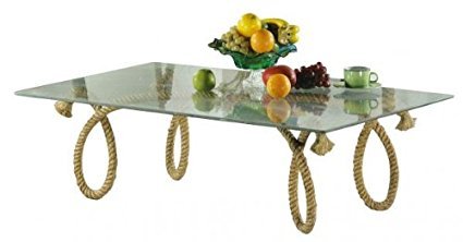 magicaldeco Tisch- Beistelltisch mit Glasplatte und Fuß aus handgedrehten Hanfseil- Nautisch- Massive Ausführung
