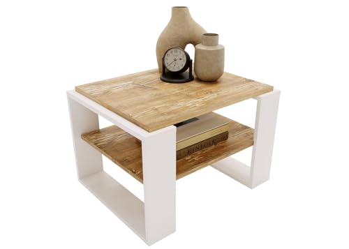 CraftPAK Wohnzimmer Tisch für Couch aus hochwertigem Holzwerkstoff, Stabiler & moderner Couchtisch mit zusätzlicher Ablagefläche, Model Kaja 63, Farbe Weiß