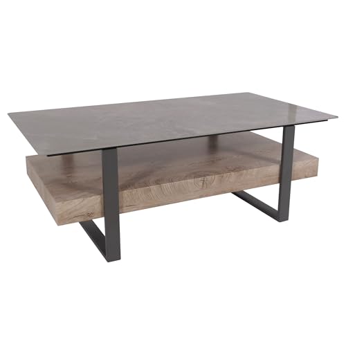 Mendler Couchtisch HWC-L88, Wohnzimmertisch Tisch, Ablage Eisen 43x120x60cm Sinterstein Marmor-Optik grau Holz grau-braun