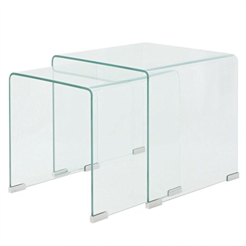 ROMELAREU Zweiteiliges Satztisch-Set aus gehärtetem Glas Transparent Möbel Tische Ziertische Couchtische
