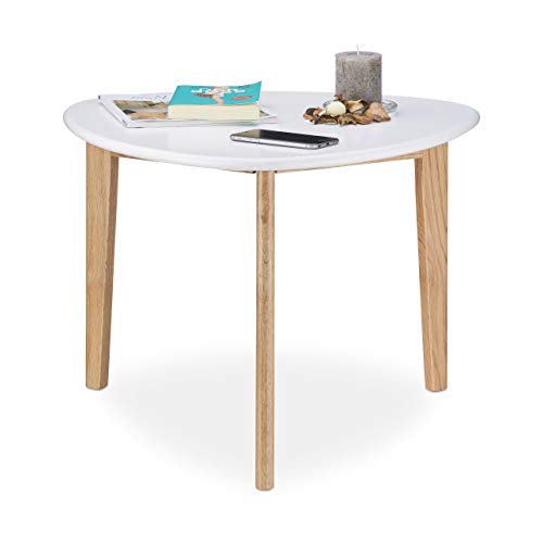 Relaxdays Couchtisch, Nierentisch, Tischbeine aus Eichen-Holz, weiße Tischplatte, modernes Retro-Design, 50er Jahre, weiß / natur