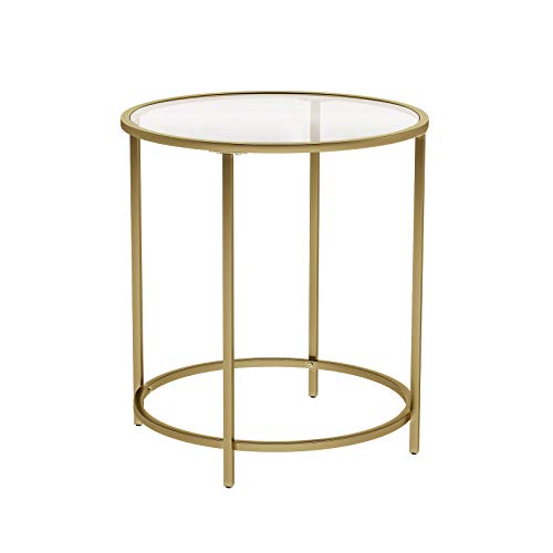 VASAGLE Beistelltisch rund, Glastisch mit goldenem Metallgestell, Kleiner Couchtisch, Nachttisch, Sofatisch, Balkon, Robustes Hartglas, dekorativ, Gold LGT20G