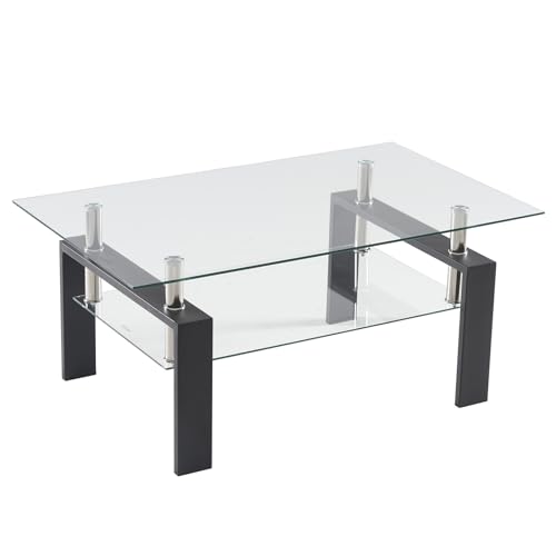 LEADZM Couchtisch Beistelltisch Wohnzimmermöbel Tisch 2 lagiges Design aus gehärtetem Glas,minimalistisch, Schwarze Beine,100 x 60 x 43 cm