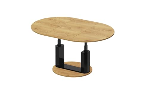 Design Couchtisch HEM-111 Hochglanz ausziehbar höhenverstellbar Tisch, Farbe:Eiche Natur - Schwarz Hochglanz