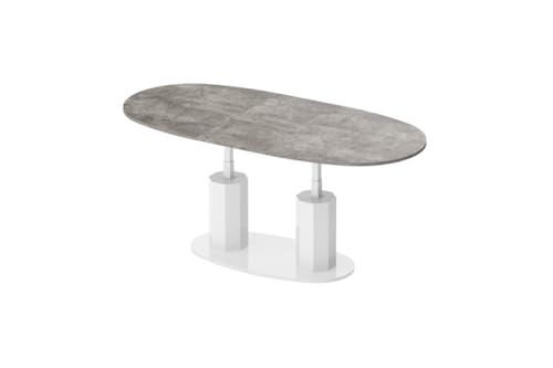 Design Couchtisch HBL-111 Tisch stufenlos höhenverstellbar ausziehbar oval Esstisch, Farbe:Beton - Weiß Hochglanz