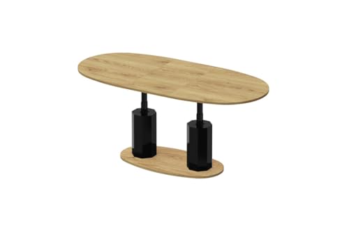 Design Couchtisch HBL-111 Tisch stufenlos höhenverstellbar ausziehbar oval Esstisch, Farbe:Eiche Natur - Schwarz Hochglanz