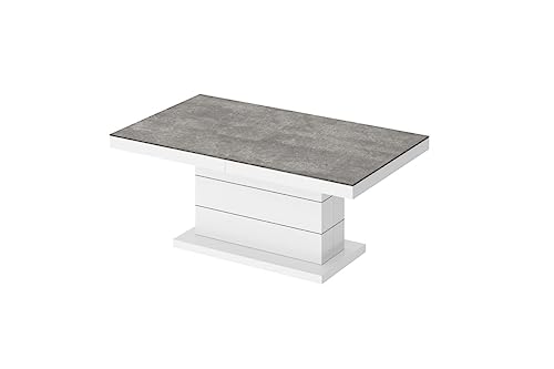 Design Couchtisch Matera Lux H-333 Beton - Weiß Hochglanz Betonoptik höhenverstellbar ausziehbar Tisch Esstisch