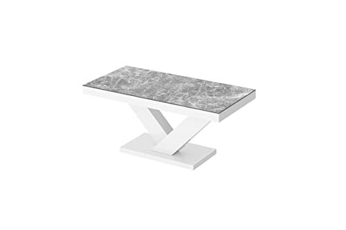 Design Couchtisch HV-888 Hochglanz Highgloss Tisch Wohnzimmertisch, Farbe:Marmor dunkel Hochglanz - Weiß Hochglanz