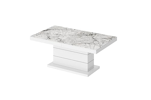 Design Couchtisch Matera Lux H-333 Marmoroptik - Weiß Hochglanz Marmor höhenverstellbar ausziehbar Tisch Esstisch