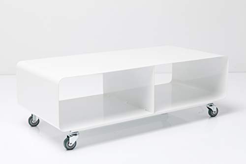 Kare Design Lounge M TV Mobil, Hochglanz Lack, modernes, schmales Lowboard Möbel im Retro-Look, Couchtisch mit Rollen, Weiß (H/B/T) 30x90x42cm