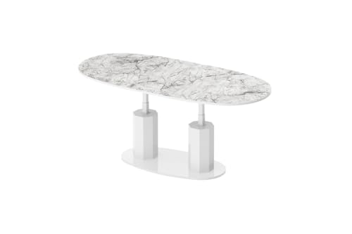 Design Couchtisch HBL-111 Tisch stufenlos höhenverstellbar ausziehbar oval Esstisch, Farbe:Marmoroptik Hochglanz - Weiß Hochglanz