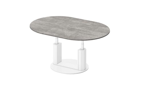 Design Couchtisch HEM-111 Hochglanz ausziehbar höhenverstellbar Tisch, Farbe:Beton - Weiß Hochglanz