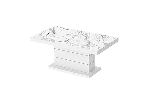 Design Couchtisch Matera Lux H-333 Marmor Natur - Weiß Hochglanz Marmoroptik höhenverstellbar ausziehbar Tisch Esstisch