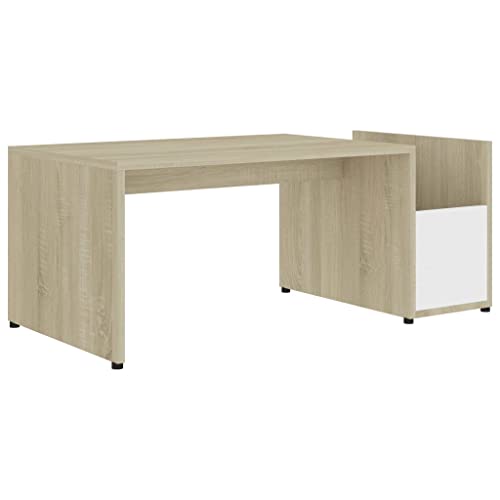 vidaXL Couchtisch mit geometrischer Form Ablagefach Wohnzimmertisch Sofatisch Beistelltisch Kaffeetisch Tisch Weiß Sonoma-Eiche 90x45x35cm Holzwerkstoff