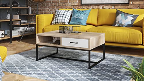 Design Couchtisch Tisch Nyx Wohnzimmertisch mit Schublade 60x90x40cm Ablage Stauraum, Farbe:Sonoma Eiche - Weiß matt