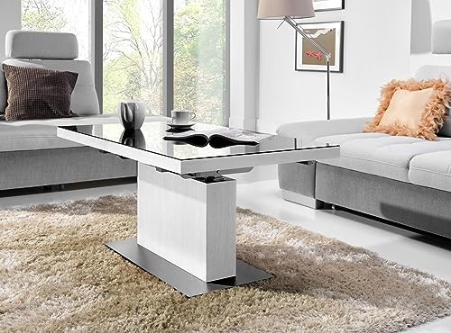 Design Couchtisch Tisch MN-3 Weiß Seidenmatt Schwarzglas höhenverstellbar & ausziehbar Esstisch