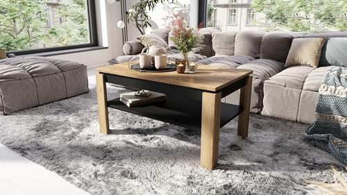 Design Couchtisch Tisch Asti-R ausziehbar mit Ablagefläche Esstisch, Farbe:Eiche Gold Craft - Schwarz matt