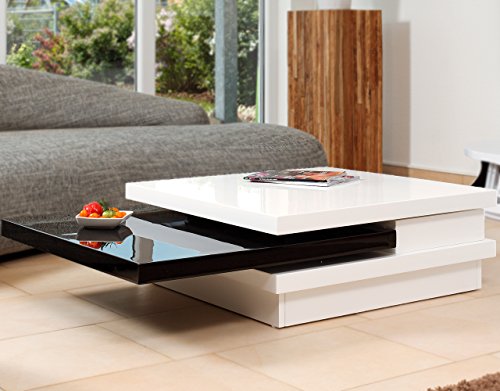SalesFever Couch-Tisch weiß/schwarz Hochglanz aus MDF 120x80cm recht-eckig | Goci | Moderner Wohnzimmer-Tisch Weiss/schwarz mit drehbarer Platte | Geöffnet 160cm x 80cm