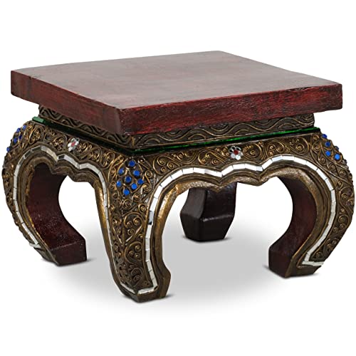 livasia Opiumtisch mit Glasmosaikverzierungen, Beistelltisch aus Holz, Nachttisch, asiatischer Hocker, Podest (24cm)