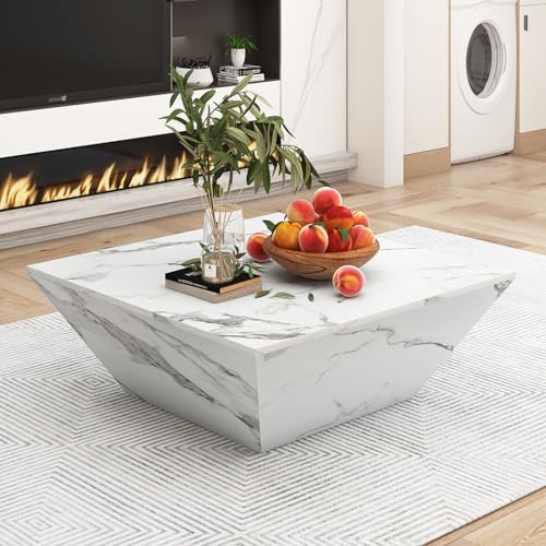 JOROBURO Couchtisch aus Marmor, moderner weißer Couchtisch, Mitteltisch aus künstlichem Marmor im trapezförmigen Design, ideal als Wohnzimmerdekoration