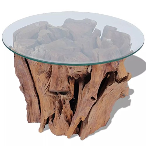 Festnight Couchtisch Rund 60cm | Glas Tischplatte und Teakholz Tischfuss | Beistelltisch Kaffeetisch Wohnzimmertisch