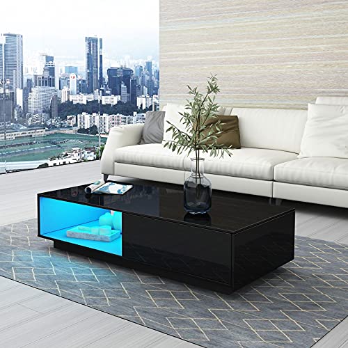 Senvoziii LED Couchtisch für Wohnzimmer, Moderner Beistelltisch aus Holz, Schwarzer Hochglanz Kaffeetisch mit 1 Schublade und Offener Ablage für Heimbüro