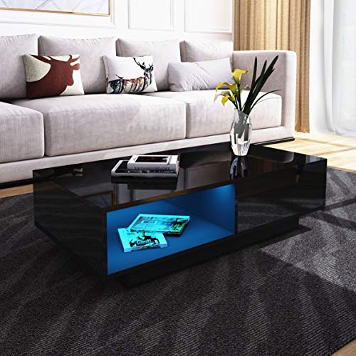 Senvoziii Couchtisch Schwarz mit LED Beleuchtung Hochglanz Wohnzimmertisch mit Schubladen und Fach öffnen Sofatisch für Wohnzimmer