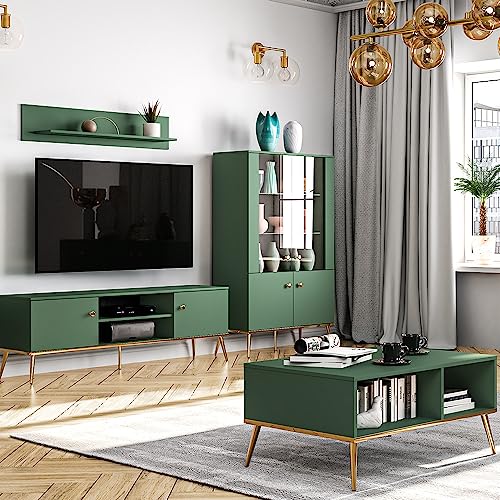 Wohnwand Wohnzimmermöbel grün 4-teilig Modern, 1 Highboard, 1 Lowboard, 1 Couchtisch, 1 Wandboard inkl. LED-Beleuchtung