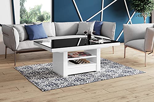 Design Couchtisch Tisch HLM-111 Hochglanz Schublade höhenverstellbar ausziehbar (Schwarz/Weiß Hochglanz)