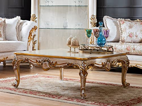 Casa Padrino Luxus Barock Couchtisch Beige/Weiß/Gold - Handgefertigter Massivholz Wohnzimmertisch - Barock Wohnzimmer Möbel