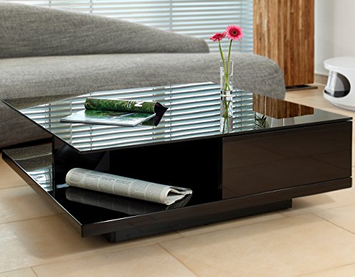 SalesFever Couch-Tisch schwarz Hochglanz mit Schublade 100x100cm quadratisch | Carla | Moderner Wohnzimmer-Tisch mit Tischplatte aus Kristallglas 100cm x 100cm