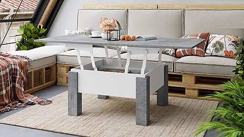 Design Couchtisch Tisch Oslo höhenverstellbar 49 / 76cm aufklappbar 80 / 160cm Esstisch, Farbe:Beton/Weiß matt